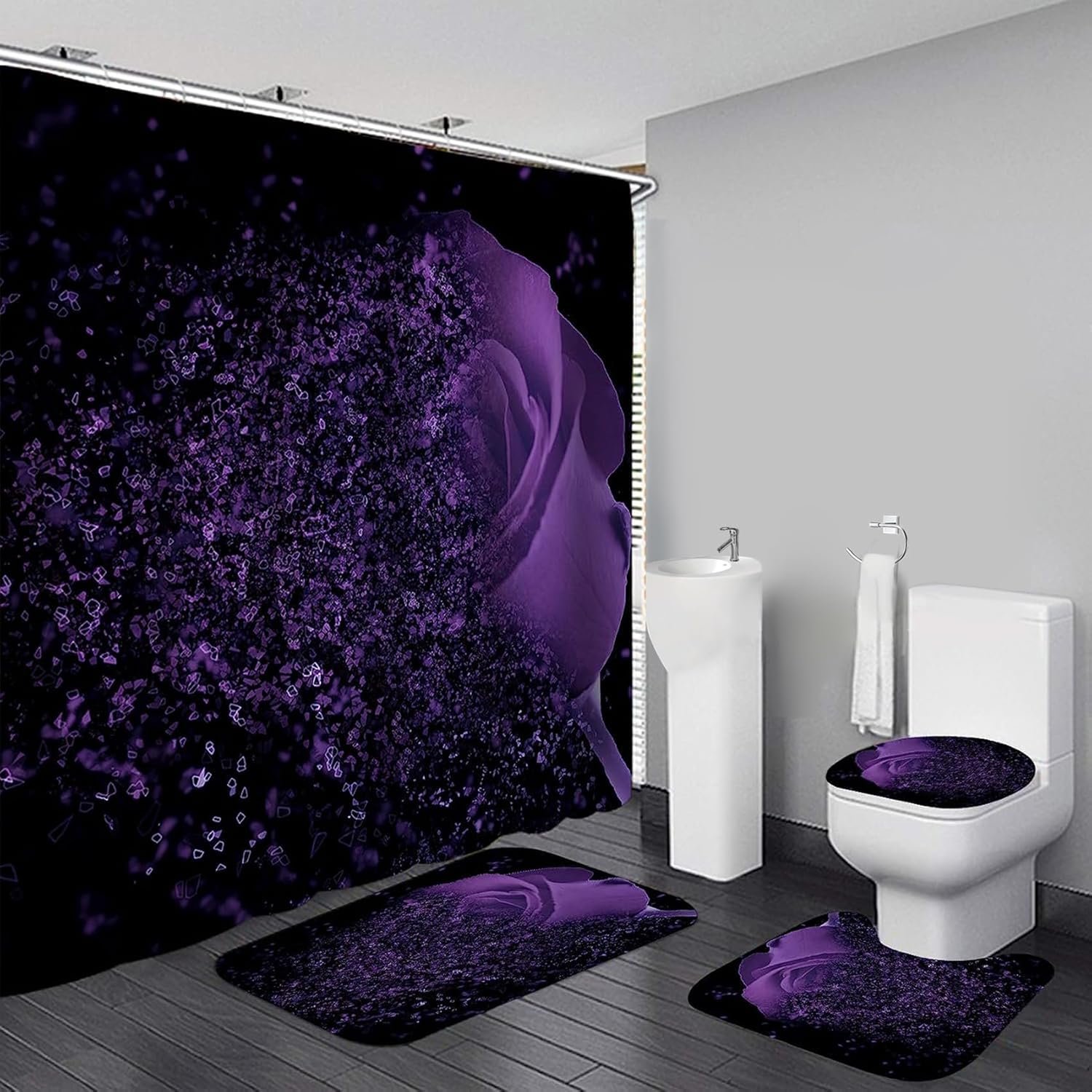 4 Pcs Purple Rose Shower Curtain Sets with Rugs Black Bathroom Sets with Shower Curtain and Rugs Modern Bathroom Curtains Shower Set with Toilet Lid Cover for Women Bathroom Decor Accessories