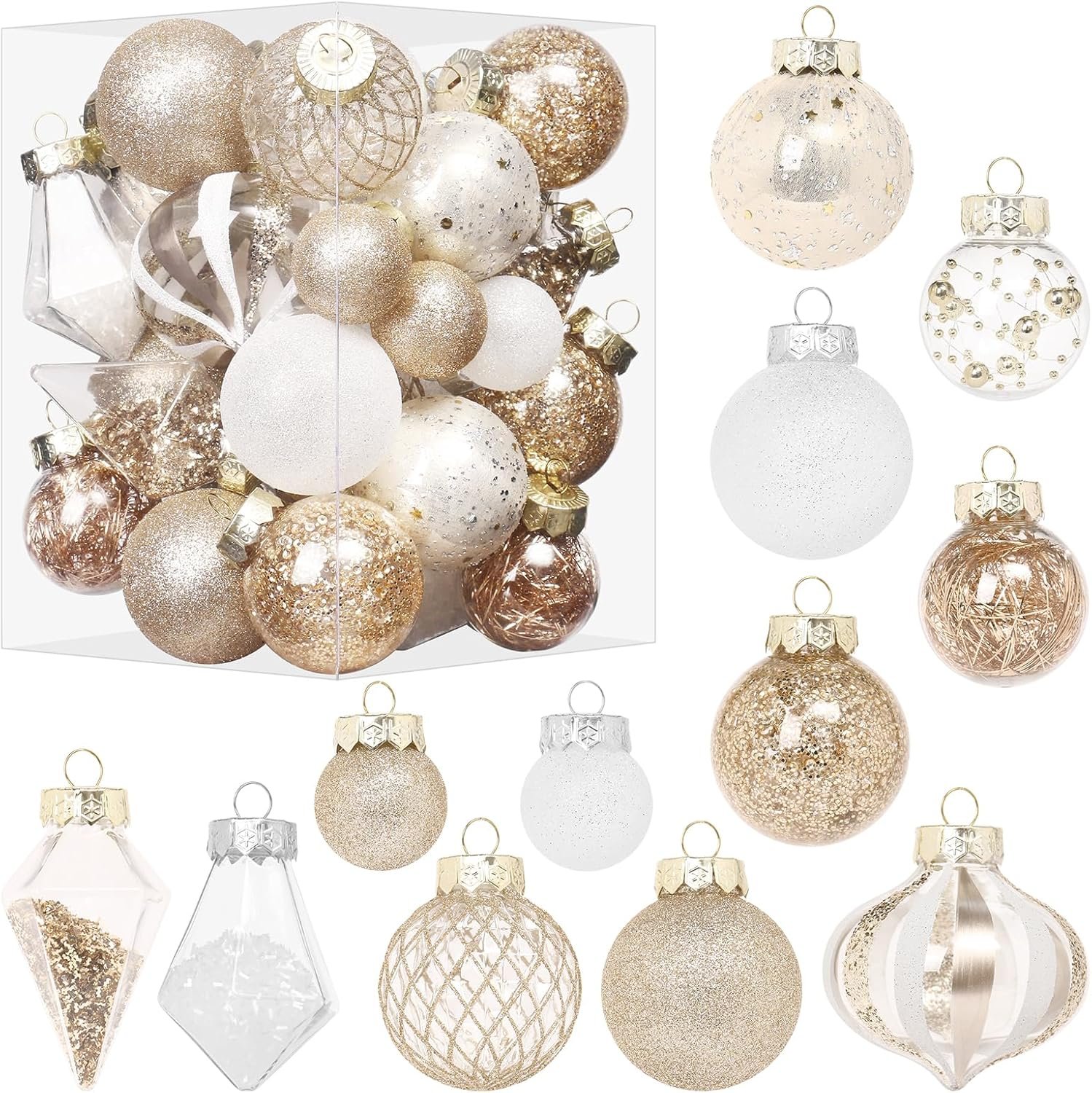 Christmas Ball Ornaments Set, 34PCS Clear Plastic Shatterproof Christmas Ornaments for Xmas Tree Hanging Decorations, for Indoor Home Thanksgiving Party Decor – Champagne/White.