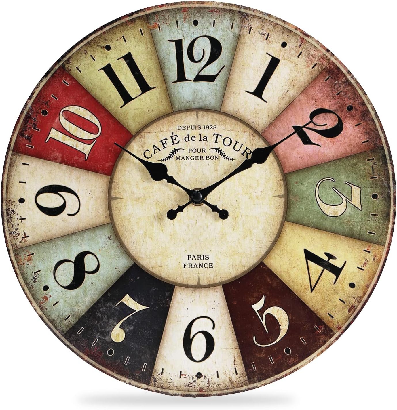 QWANPET Wall Clock – 12″ Retro Rustic Style Quartz Clock, Silent Non-Ticking Wooden Battery Operated for Living Room, Kitchen, Home, Bathroom, Bedroom
