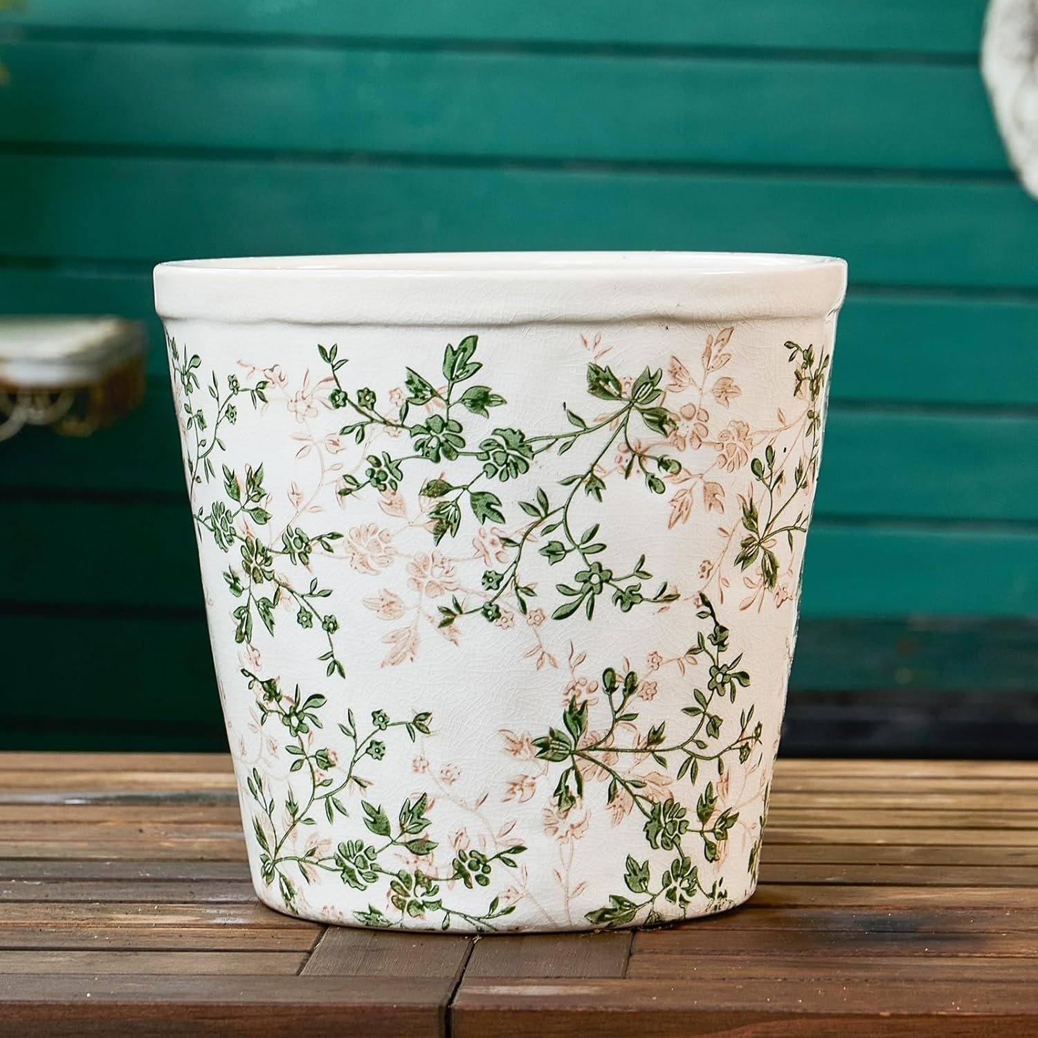 Ceramic Planter Without Drainage Hole, 6.7 Inch – Indoor/Outdoor Flower Pot for Orchids, Succulents, Green Floral Modern Farmhouse Design Plant Pot for Home,Office & Garden Décor, Ideal Gift
