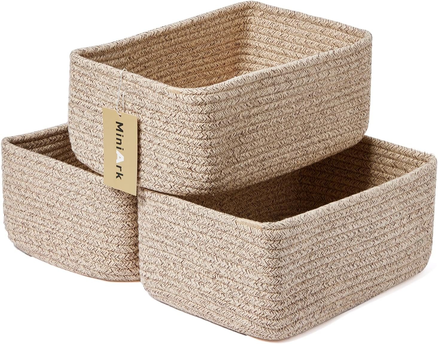 Small Storage Baskets for Organizing | Closet Organizer Bins | Shelf Toy Basket | Woven Rope Baskets | Cube Decorative Box | Shallow Basket | 11.5×7.5×4.7” | 3 Packs Mixed Brown