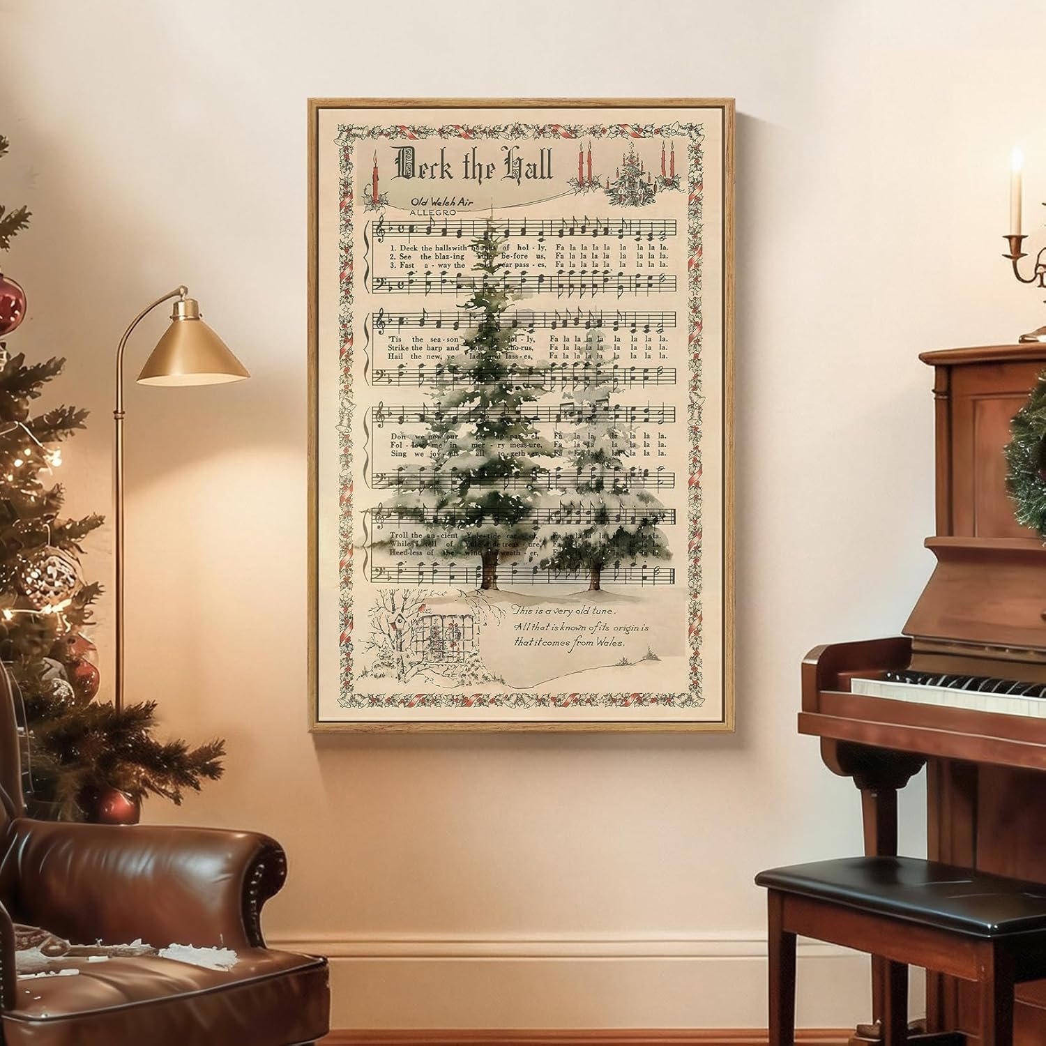 Framed Christmas Decorations Wall Art – Vintage Sheet Music with Christmas Tree Canvas Prints Paintings, Holiday Pictures Wall Decor for Living Room, Bedroom, Fireplace, Dining Room, Entryway 24×36 In