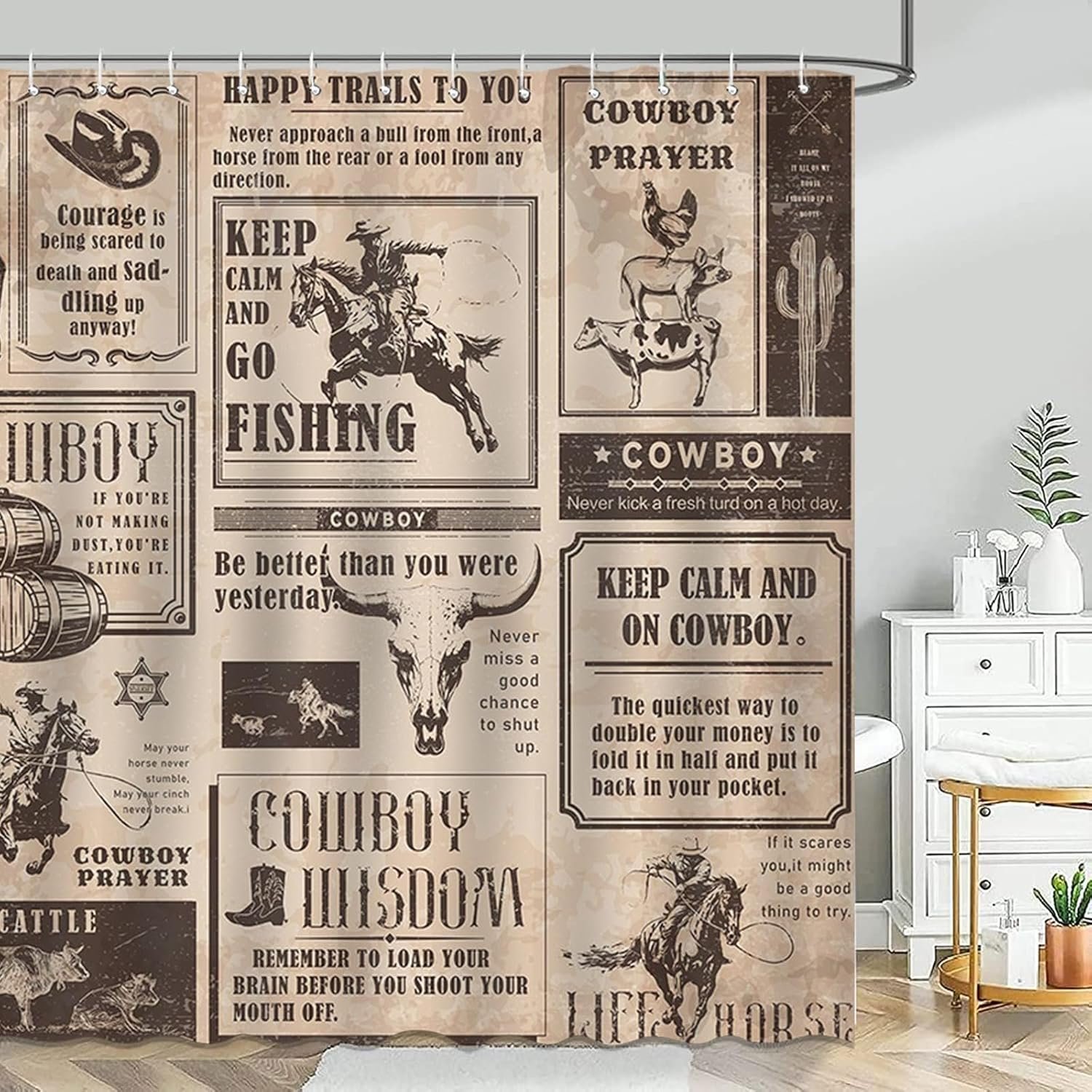 Mocsicka Western Cowboy Shower Curtain Vintage Wild West Country Farmhouse Bathroom Shower Curtain Cowboy Waterproof Fabric Bathtub Curtain Decor with 12 Hooks 72 X 72 Inches