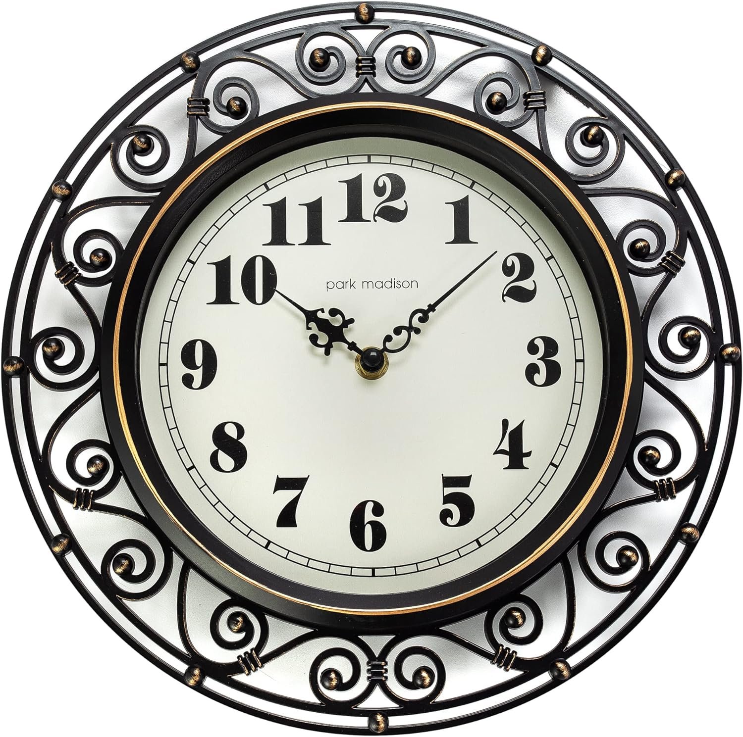 Park Madison Decorative Iron Style Wall Clock 12 Inch Silent Battery Operated Vintage Elegant Retro Clocks for Living Room Decor, Kitchen Office Dining Room Bedroom School Classroom (13736)
