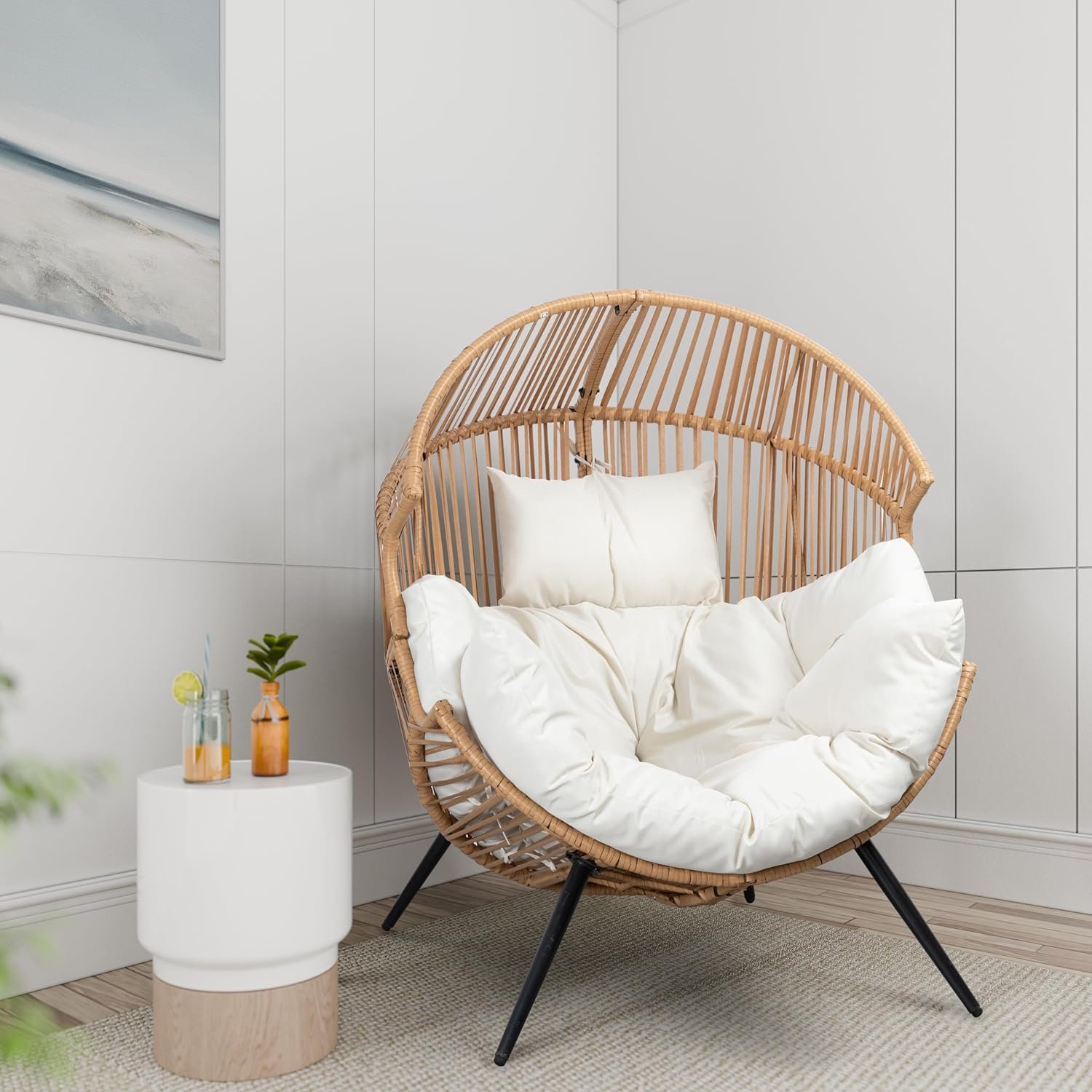 Shintenchi Wicker Egg Basket Chair, Outdoor Oversized Lounge Rattan Patio Chairs with Cushion, Egg Seat for Indoor Living Room Bedroom Outside Patio Backyard Balcony, Beige