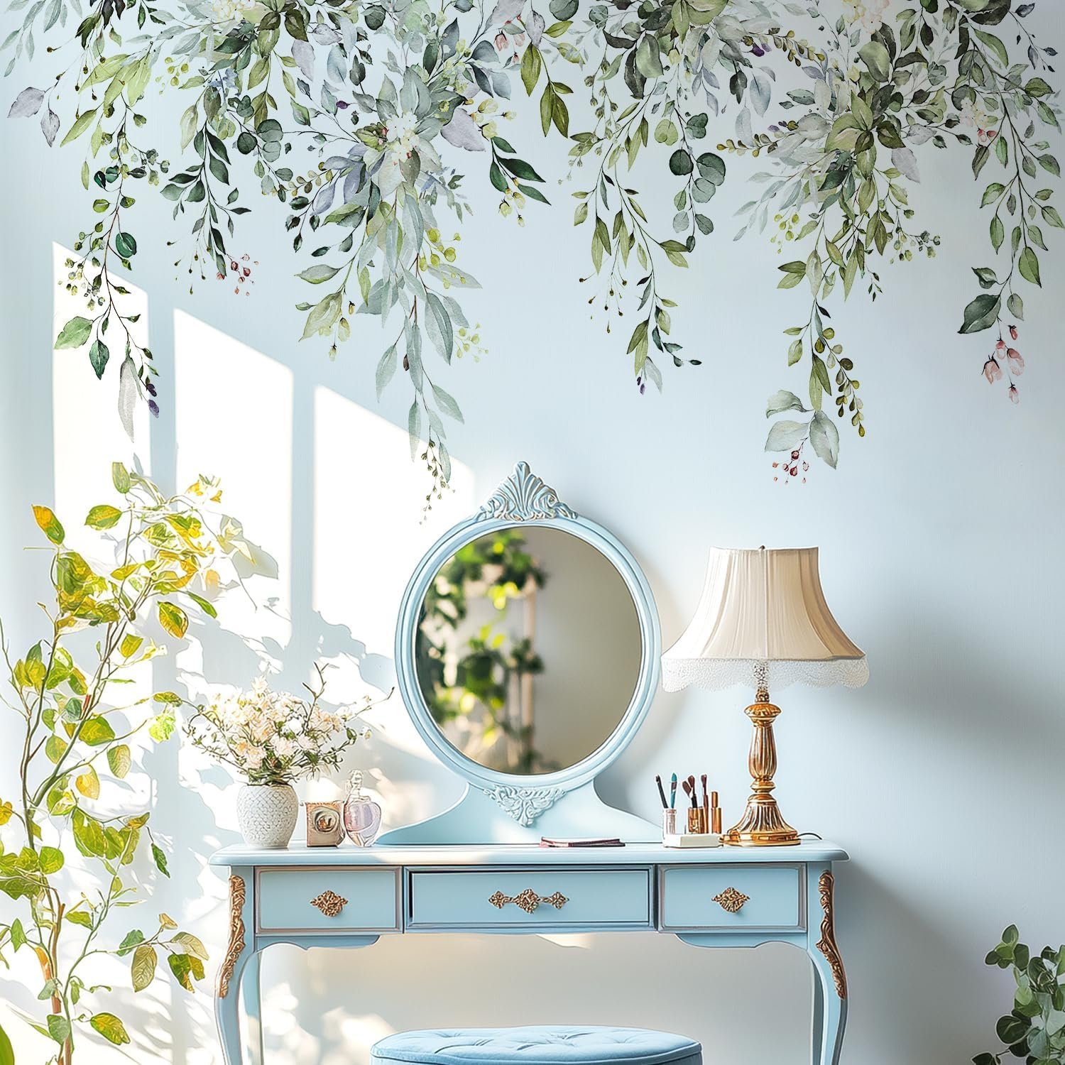 Green Plants Leaves Wall Decals Peel and Stick, Large Floral Flowers Wall Stickers, Removable Vine Home Decor Art for Bedroom Living Room Classroom Office
