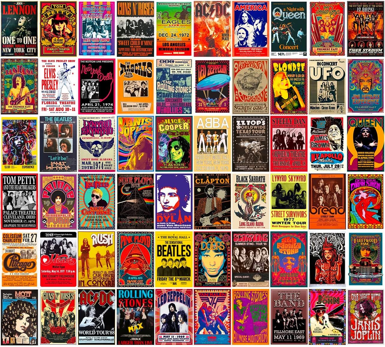 WOONKIT 60 PC Vintage Rock Band Posters, 70s 80s 90s Retro Concert Prints, Bedroom Wall Art, Album Cover Collage, 4×6 Inch (Set of 60)