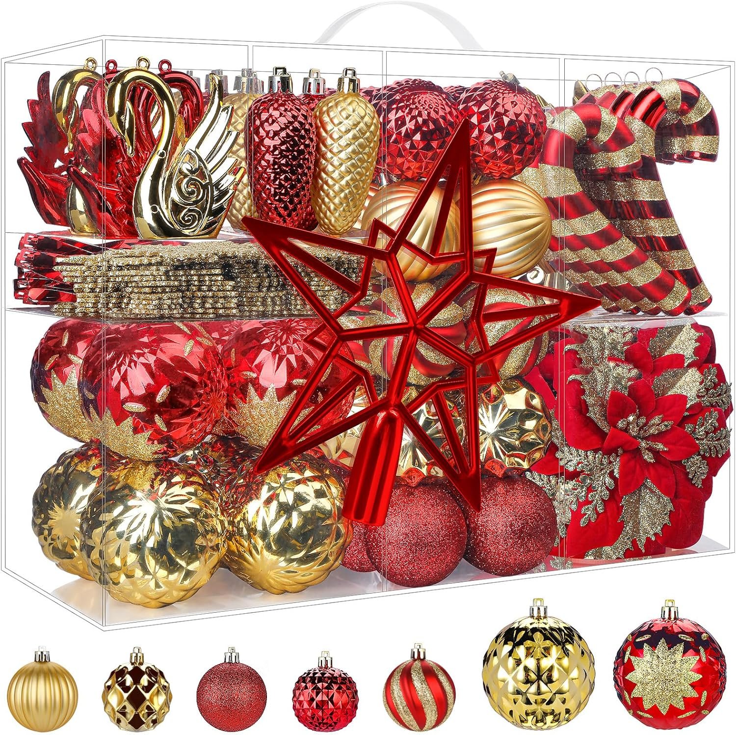 Alupssuc 128pcs Christmas Balls Ornaments Set, Shatterproof Plastic Baubles Christmas Flowers and Tree Topper for Xmas Tree Holiday Wedding Party Decorations with Hanging Strings, Red and Gold