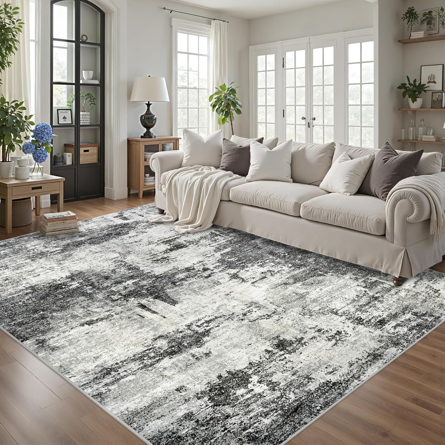 8×10 Area Rugs for Living Room: Abstract Washable Rug with Anti-Slip Backing Non-Shedding Stain-Resistant Soft Modern Large Carpet for Bedroom Dining Room Farmhouse Nursery Home Office Black