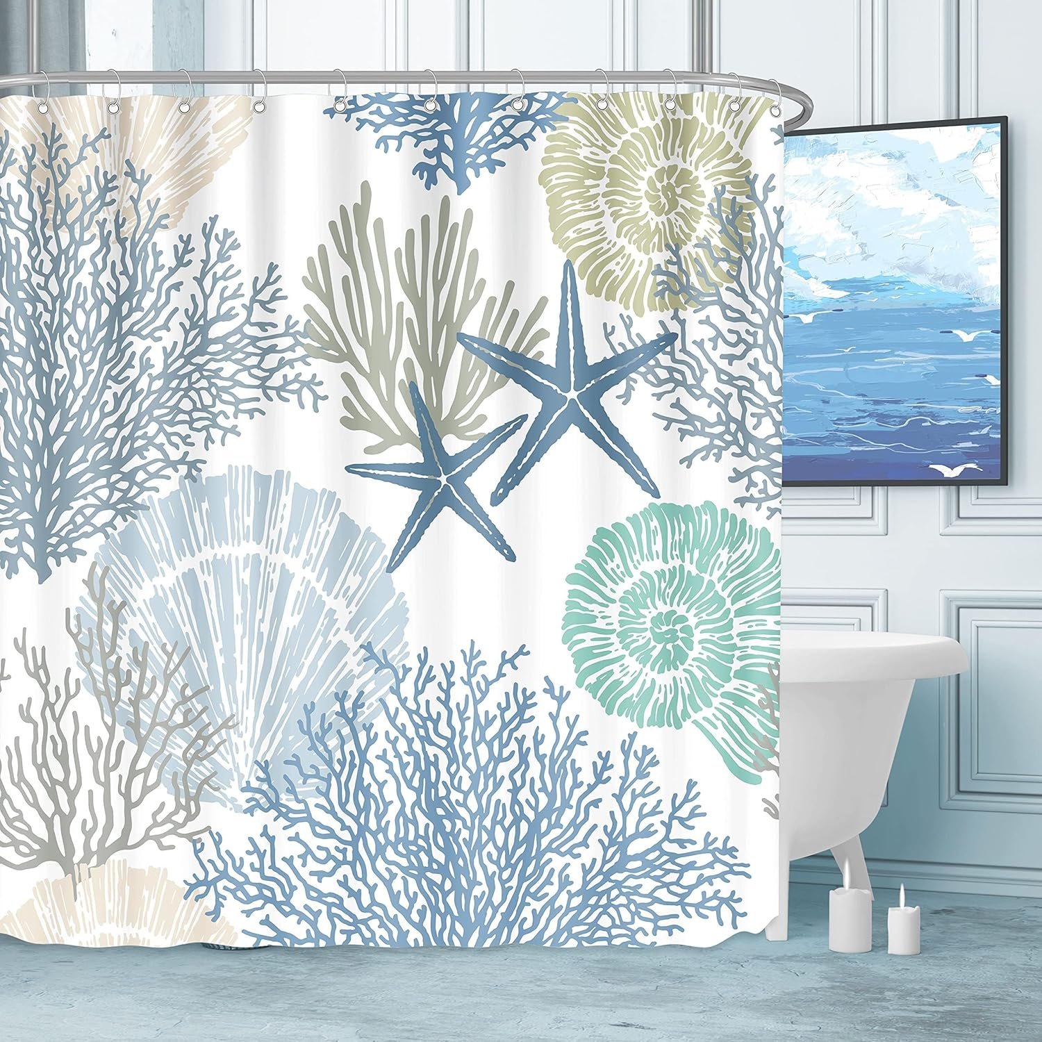 Tritard Nautical Coastal Waterproof Fabric Shower Curtain Starfish Seashell Coral Beach Themed Bath Curtain Ocean Shower Curtains for Bathroom with 12 Hooks, 72×72, Blue