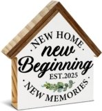 2025 Housewarming Gifts, New Home Decor, New Beginnings House Shaped Wooden Block Sign Home Living Room Decor for Desk Table Shelf