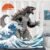 Dinosaur Shower Curtain Monster Funny Shower Curtain Japanese Ocean Wave Shower Curtains Bathroom Curtain Decor Set with 12 Hooks Japanese Monster 72×72 Inches